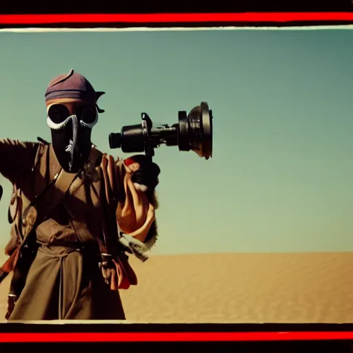 Prompt: pirate wearing a gasmask, in the desert, film still, arriflex 3 5