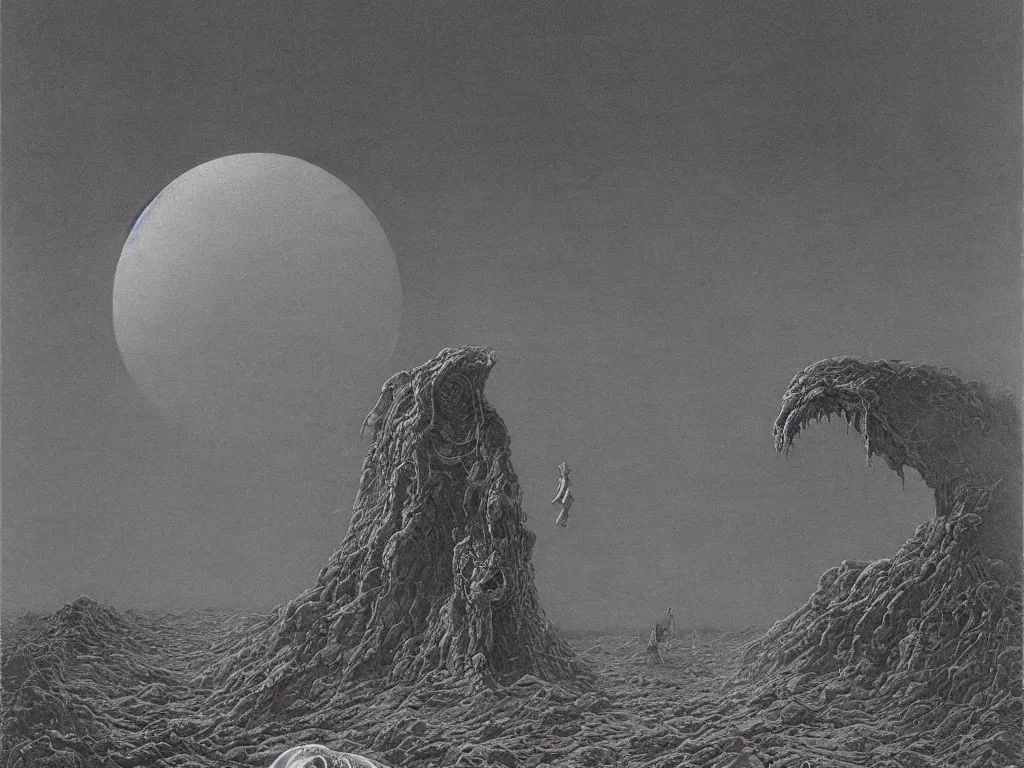 Prompt: Eldritch horror descending from the moon on a desert land, by zdzisław beksiński