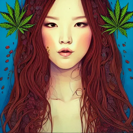 Prompt: portait of beautiful and pretty girl, high quality detailed face, elegant, illustration, red hair, cannabis, art by audrey kawasaki