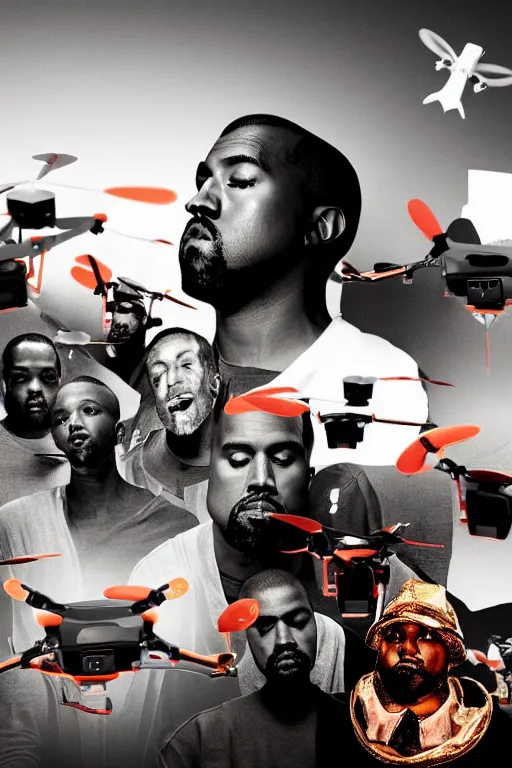 Image similar to kanye west in dream fantasy world surrounded by 8 drones