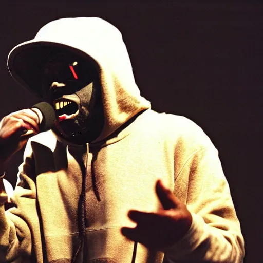 Prompt: rapper emcee mf doom screaming on the mic because the microphone is not working.