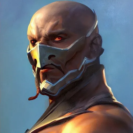 Image similar to greg manchess portrait painting of smoke from mortal kombat as overwatch character, medium shot, asymmetrical, profile picture, organic painting, sunny day, matte painting, bold shapes, hard edges, street art, trending on artstation, by huang guangjian and gil elvgren and jesper ejsing