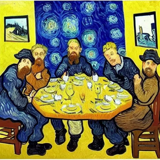 Prompt: a group of friends having lunch, van Gogh style