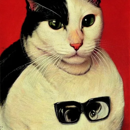 Prompt: Front portrait of a woman who cleverly uses casual clothing to look like a cat. A painting by Norman Rockwell.