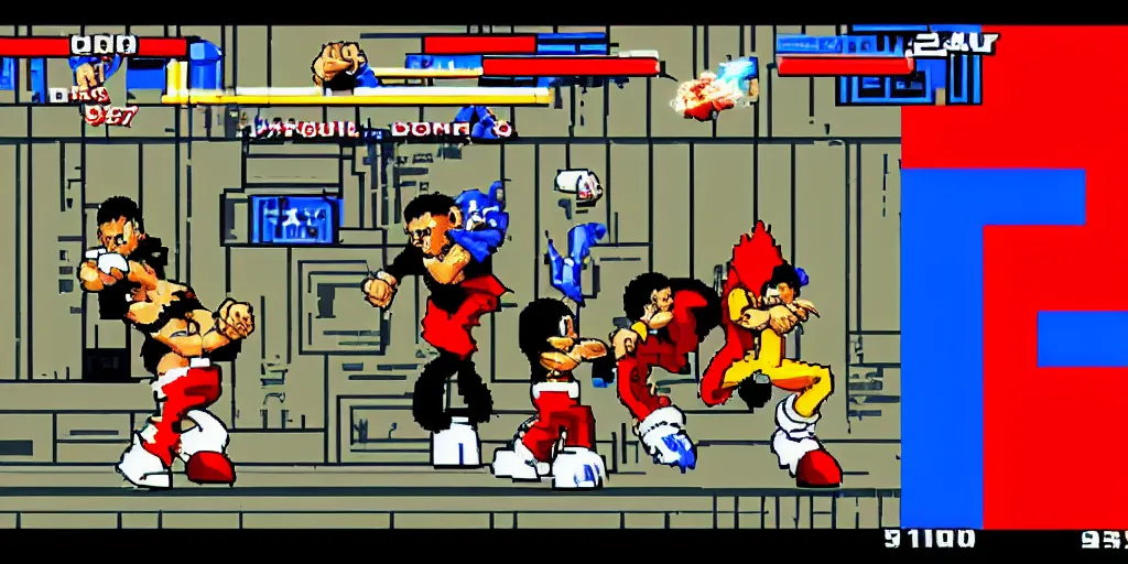 Image similar to Obama fighting against Sonic in the game KOF97, casting a Hadouken. pixel art, Gameplay, Screenshot of KOF97