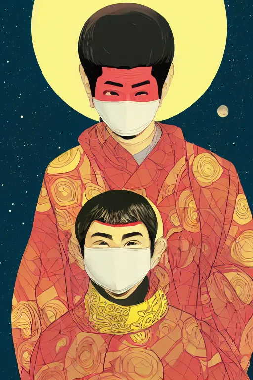 Image similar to portrait of a man with a mask on his face in the form of a spiral in a golden kimono, full face, against the background of a bright red moon, sad motif, by ilya kuvshinov, dramatic, soft colors, futuristic, 8 k