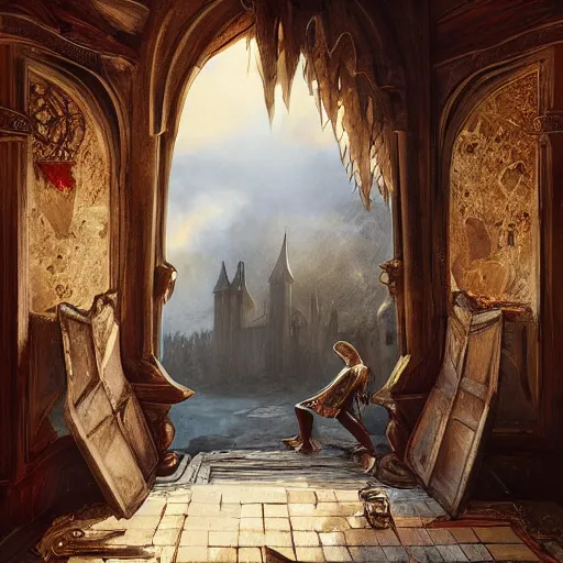 Image similar to knight, fantasy art, located in a castle, red armor, morning sunlight through the window, decorated, high quality, highly detailed,