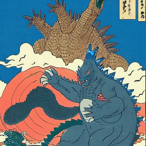 Prompt: godzilla fighting a gundam in kyoto in the style of hokusai