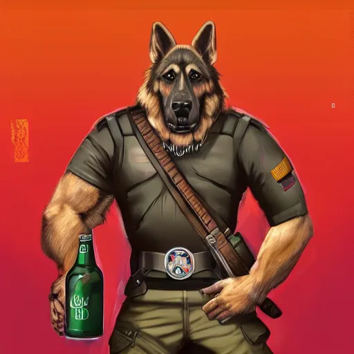 Image similar to a humanoid german shepherd beast - man in military style, holding a bottle of beer, artstation, concept art, smooth, sharp foccus ilustration, artstation