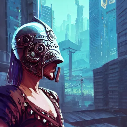 Image similar to cyberpunk viking helmet mask warrior goddess robot ninja fantasy, art gta 5 cover, official fanart behance hd artstation by jesper ejsing, by rhads, makoto shinkai and lois van baarle, ilya kuvshinov, ossdraws