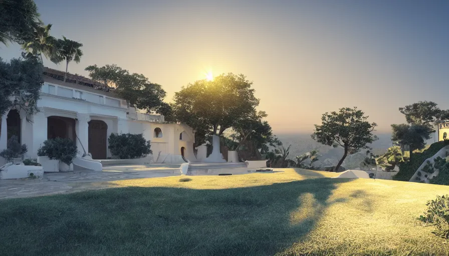 Image similar to sicilian white villa built on the edge of a hill, lamborghini, sunrise, sea, trees, wide view, hyperdetailed, artstation, cgsociety, 8 k