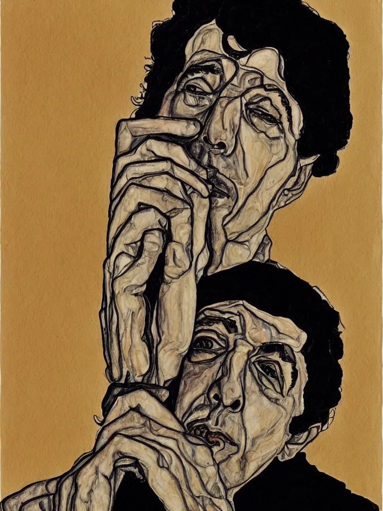 Image similar to a line art portrait of singer leonard cohen, inspired by the work of egon schiele.