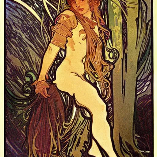 Prompt: a werewolf, beautiful painting by alphonse mucha