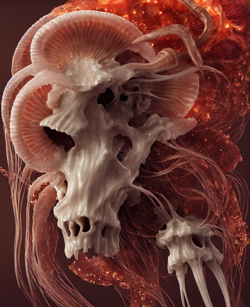 Image similar to goddess close-up portrait ram skull. jellyfish phoenix head, nautilus, orchid, ram skull, betta fish, bioluminiscent creatures, intricate artwork by Tooth Wu and wlop and beeple. octane render, trending on artstation, greg rutkowski very coherent symmetrical artwork. cinematic, hyper realism, high detail, octane render, 8k