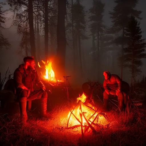 Image similar to closeup photo of stalker and witcher sitting near campfire, by marc adamus, beautiful dramatic lighting