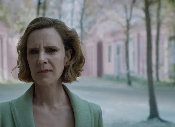 Image similar to cinematic mid shot of a high detail, refined woman's face looking off camera. fine facial features. she stands in an empty, pastel colourful 3 d, forrest scene, shallow depth of field, at the scene of a crime, by jeffrey smart and gregory crewdson and edward hopper, inspired by the grand budapest hotel