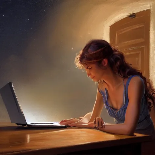 Image similar to a full shot of nice girl working on her laptop at night, detailed, centered, digital painting, artstation, concept art, donato giancola, Joseph Christian Leyendecker, WLOP, Boris Vallejo, Breathtaking, 8k resolution, extremely detailed, beautiful, establishing shot, artistic, hyperrealistic, beautiful face, octane render