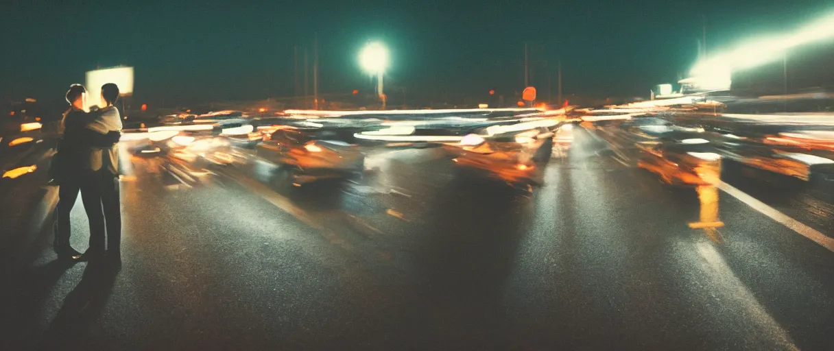 Prompt: nighttime on a Highway, Closeup of a man and a woman hugging, the cars are rushing past them. they are illuminated by the lights, kodak portra, grainy, triadic color scheme