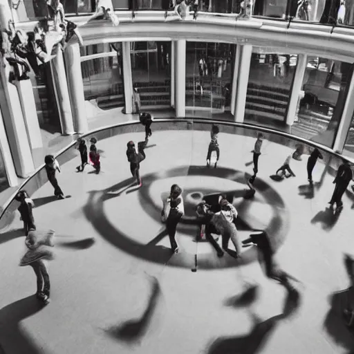 Prompt: mysterious photograph of people levitating in a large atrium