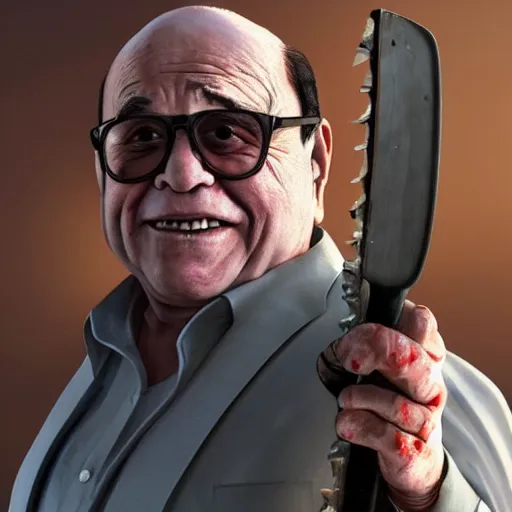 Image similar to hyperrealistic mixed media image of danny devito holding a chainsaw in gta v, stunning 3 d render inspired art by xiang duan and thomas eakes and greg rutkowski, perfect facial symmetry, hyper realistic texture, realistic, highly detailed attributes and atmosphere, dim volumetric cinematic lighting, 8 k octane detailed render, post - processing, masterpiece,