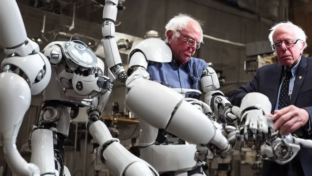 Image similar to bernie sanders putting the finishing touches on a ( ( ( ( cute ) ) ) ) clockwork doomsday robot, cinematic moody lighting, sharp focus, imax