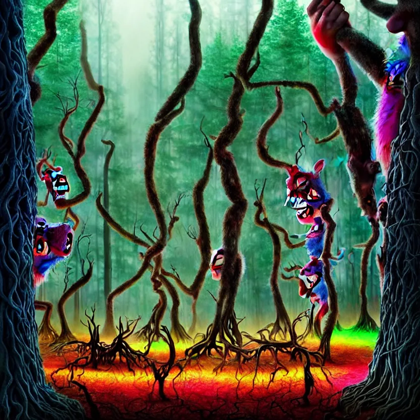 Prompt: an orgy of colorful, beautiful flesh - eating giant timikawas with rainbow fur eating terrified humans, in a whimsical forest with melting trees, nightmare scene, supernatural, highly detailed, creepy, terrifying, david cronenberg, hyper realistic digital painting