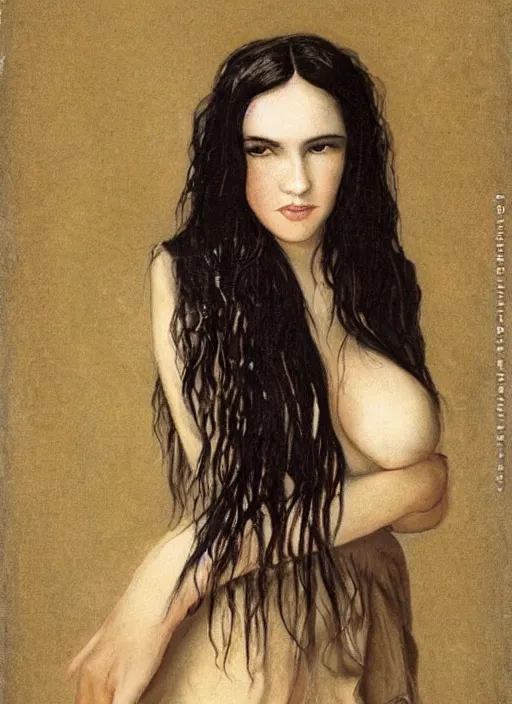 Prompt: a portrait of the most beautiful woman in the world with long black hair that extends past her waist with locks of hair that frame her face down to her chin and shows off her high forehead, dark brown eyes with long, voluminous eyelashes and pale skin, narrow waist and very large chest, wear a revealing red V-neck blouse that showed much of her chest and a loose sarong that exposed her long, slender legs with the green symbol of the Kuja adorned on it, along with a white cape sporting epaulettes more commonly found on the jackets of high-ranking Marines, and red high heel pumps, pink hearts in the background , romantic themed, beautiful face, intricate, highly detailed, digital painting, artstation, concept art, smooth, sharp focus, illustration, art by Artgerma