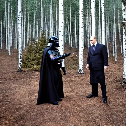 Prompt: darth vader meeting with vladimir putin in birch forest, drinking vodka