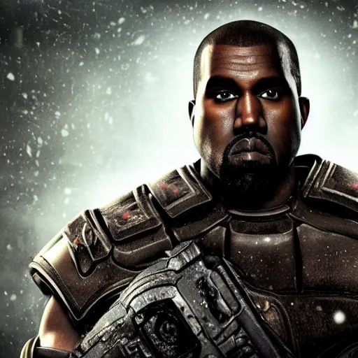 Image similar to Kanye West as santaclaus in 'Gears of War', splash art, movie still, cinematic lighting, detailed face, dramatic, octane render, long lens, shallow depth of field, bokeh, anamorphic lens flare, 8k, hyper detailed, 35mm film grain