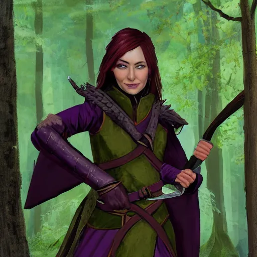 Image similar to anya charlota as a medieval fantasy wood elf, dark purple hair tucked behind ears, wearing a green tunic with a fur lined collar and leather armor, scar across nose, one black, scaled arm, wielding a battleaxe, cinematic, character art, painting, forest background, realistic.