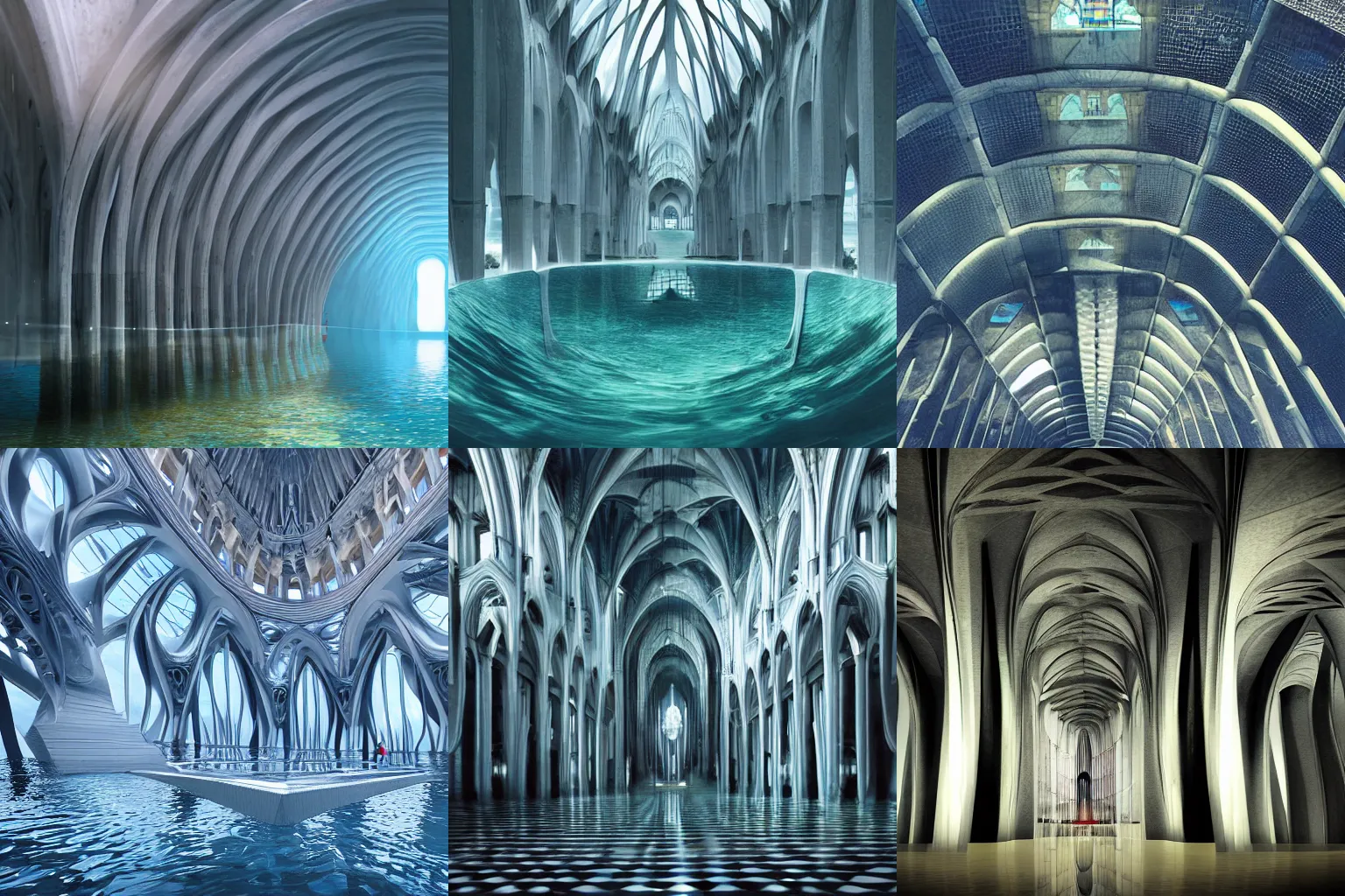 Prompt: futuristic architecture, submerged cathedral, surreal