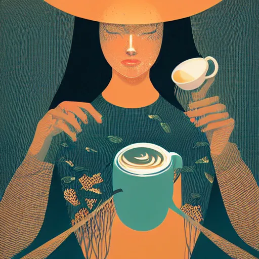 Image similar to illustration a girl drink a coffee, by malika favre and victo ngai