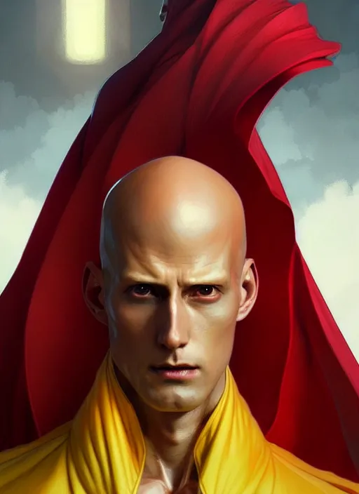 Image similar to ultra realistic illustration, handsome saitama. yellow and red cape, intricate, elegant, highly detailed, digital painting, artstation, concept art, smooth, sharp focus, illustration, art by artgerm and greg rutkowski and alphonse mucha and wlop