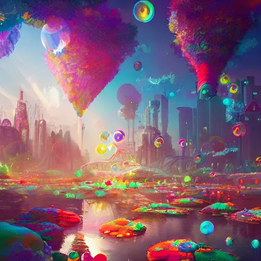 Image similar to a utopian city, filled with extremely colorful fauna, with bubbles floating around everywhere, dynamic lighting, fantasy concept art, trending on art station, stunning visuals, creative, cinematic, ultra detailed