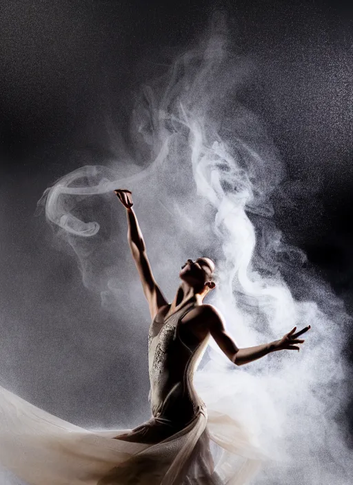 Image similar to a Photorealistic dramatic hyperrealistic render of a glamorous beautiful Female smoke dancer by Ken Brower and Deborah Ory of NYC Dance project,Lois Greenfield,Flowing cloth and smoke,Beautiful dynamic dramatic dark moody lighting,volumetric,shadows,cinematic atmosphere,Octane render,8K