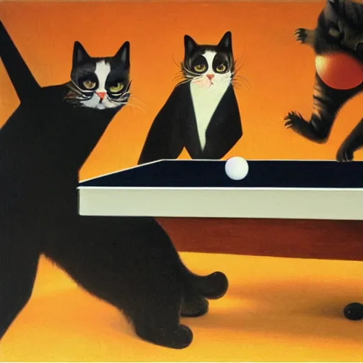 Image similar to a detailed picture of two cats playing ping - pong, orange background, oil painting, velazquez and magritte