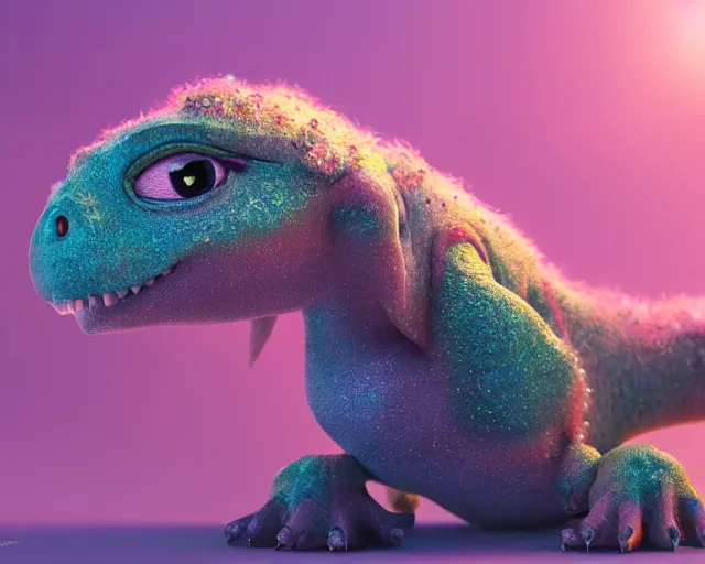 Image similar to a cute baby dinosaur, big eyes, soft fur and scales texture, pastel colours, colorful, glitter crystals, cute, pixar animation style, detailed, soft light, octane render, 4 k