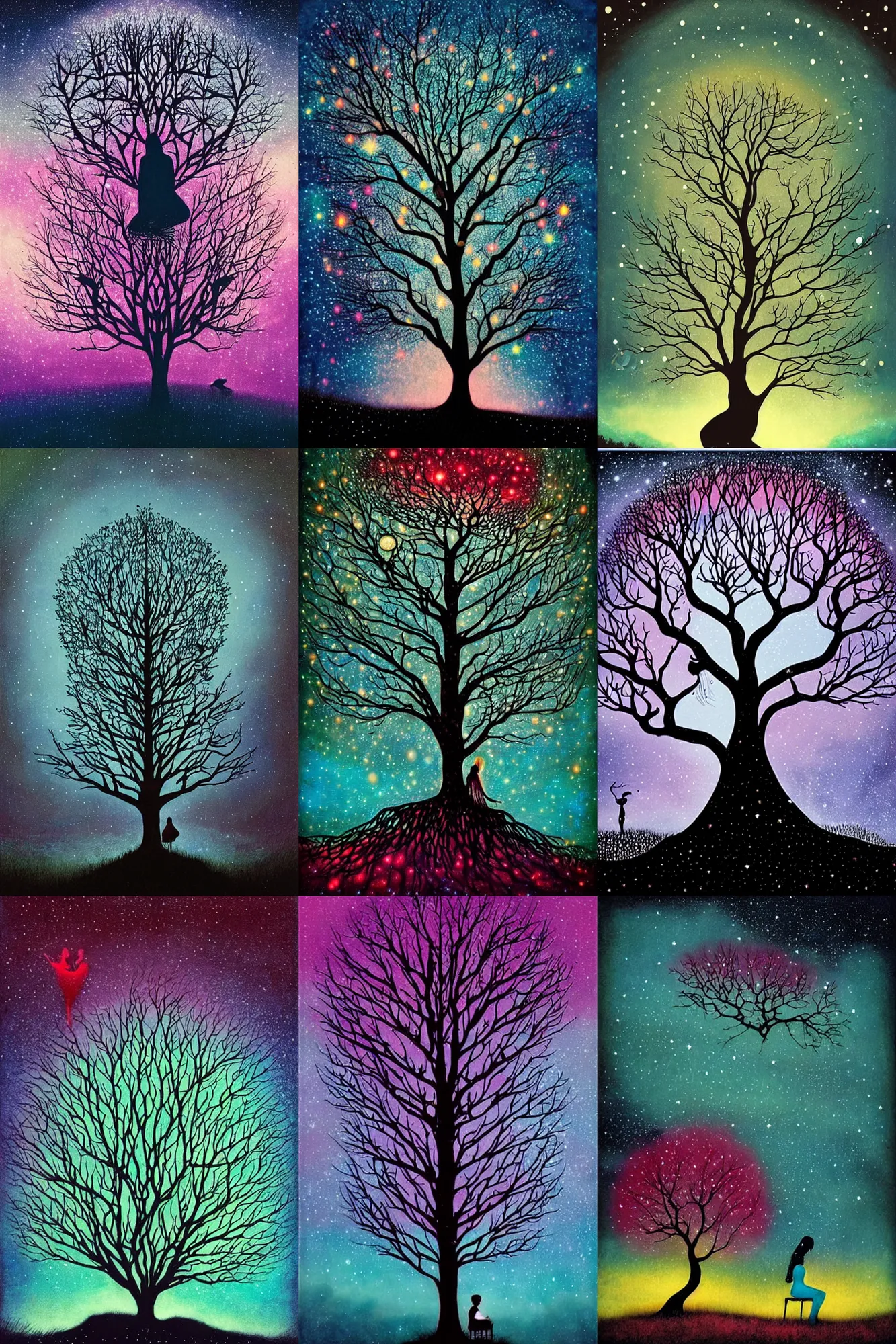 Prompt: A tree fades into starry space. The silhouette of a woman is seen sitting in the branches. magic realism, flowerpunk, mysterious, vivid colors, by andy kehoe, amanda clarke