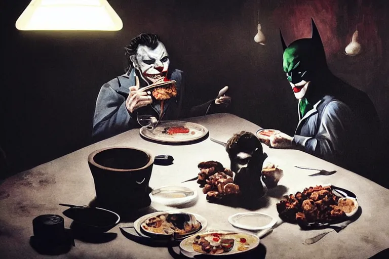 Prompt: morning light, highly detailed portrait of Batman eating breakfast, the head of the joker is placed on the table, atmospheric lighting, masterpiece, award winning painting by Emmanuel Lubezki
