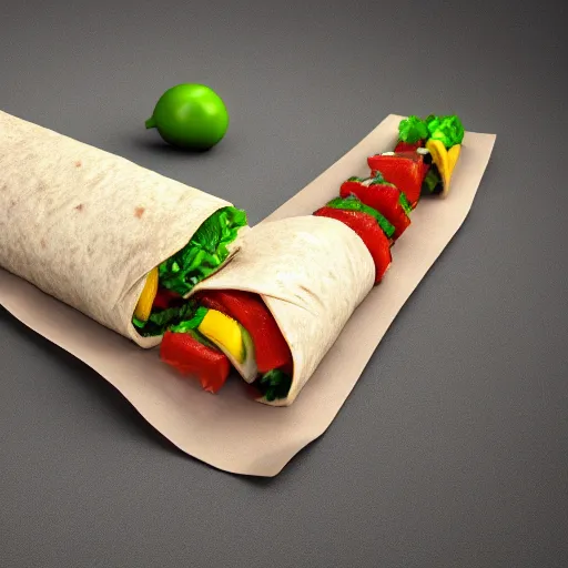Prompt: kebab durum wrap, 3 d rendering, gray background, hd, insanely detailed