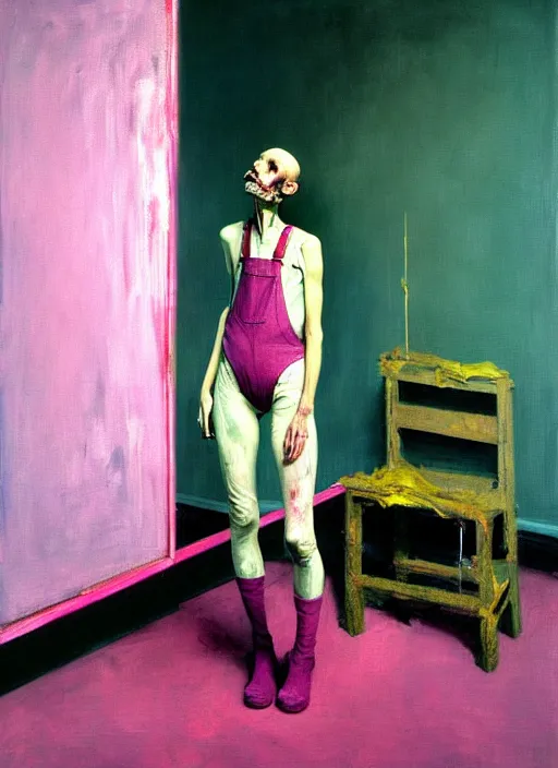 Image similar to an insane, skinny, artist wearing overalls, expressive painting the walls inside a grand messy studio, hauntingly surreal, highly detailed painting by francis bacon, edward hopper, adrian ghenie, gerhard richter, and james jean, soft light 4 k in pink, green and blue colour palette, cinematic composition,