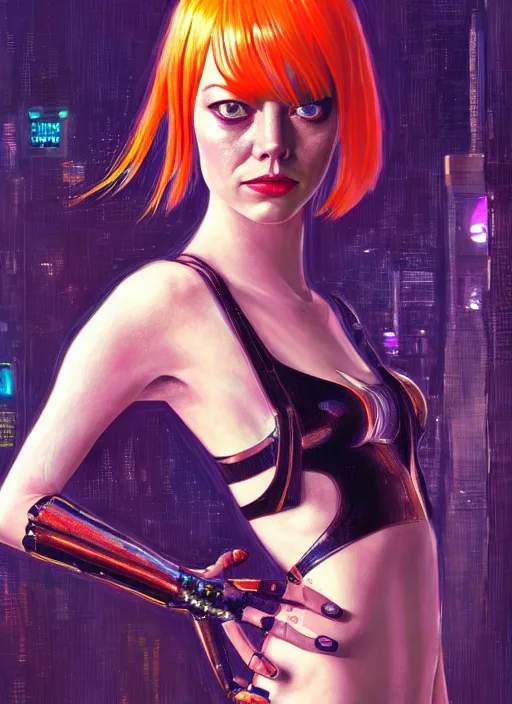 Prompt: portrait of Emma Stone as Leeloo from the fifth element as a character in Cyberpunk 2077, looking at camera, intricate, elegant, sci-fi, extremely detailed, digital painting, artstation, concept art, smooth, sharp focus, illustration, ambient lighting, incredible art by artgerm and greg rutkowski and alphonse mucha and simon stalenhag