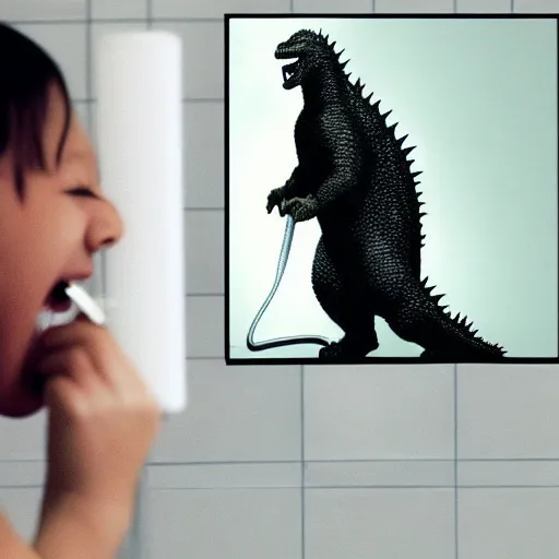 Image similar to godzilla brushing his teeth in the bathroom, electric toothbrush, crest toothpaste