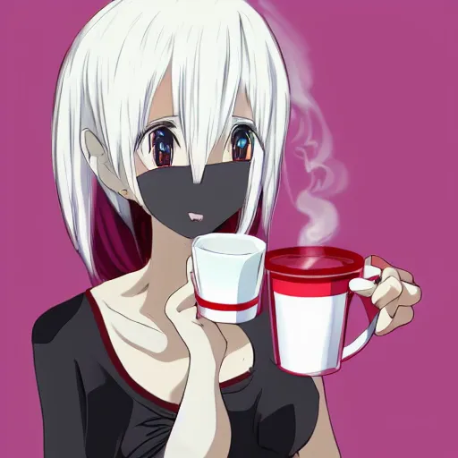 Image similar to white hair, red eyes, two small horn on the head, anime style, anime girl holding a cup of coffee