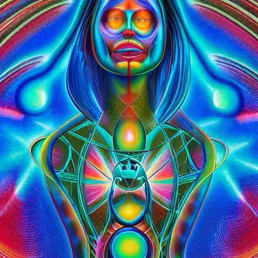 Image similar to human trancending into collaborative intelligence in the style of alex grey, album cover, award winning, beautiful, colorful, volumetric lighting, trending on artstation