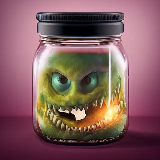 Image similar to Evil monster in a jar by Greg Rutkowski, product photography, centered, studio lightning