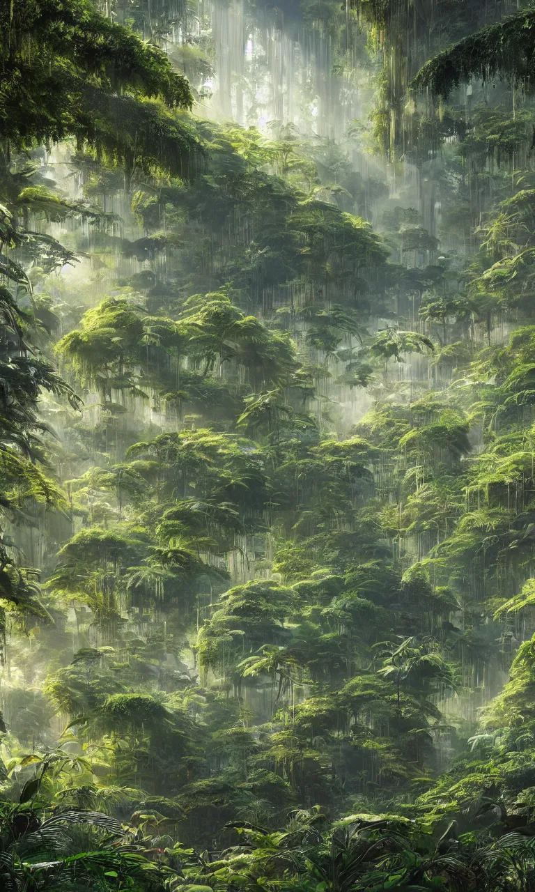 Prompt: Horizontal view, massive scale, animation concept art, Breath of the wilde, studio ghibli style, Clear reflection, A Luxury Monumental Futuristic jungle in Art Nouveau Architecture, Crystal clear, sun rays:1.5 Lush vegetation with ferns, miyazaki, Craig Mullins dappled lighting, octane render, cinematic, photographic, realistic, highly detailed