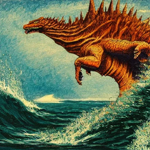 Image similar to a post-Impressionist illustration of Godzilla rising from the sea by Henri Rivière