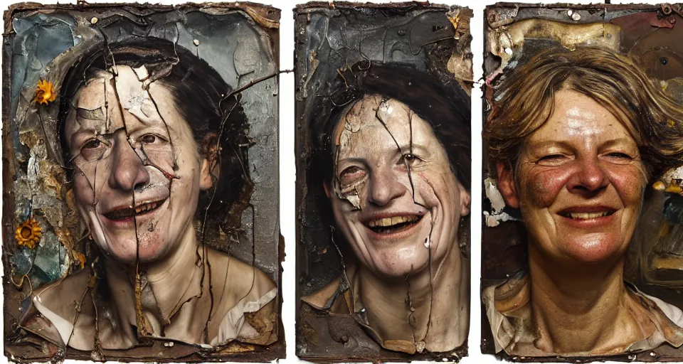 Image similar to a triptych of close up portraits of a very ordinary middle-aged woman with a smiling expression, Anselm Kiefer and Lucian Freud and Jenny Saville, tintype, oil painting, rust, Scaffolding, rusted metal and sunflowers, iron cladding, decay, mixed media, textured, anatomically correct, beautiful perfect face, visible brushstrokes, sharp focus, twisted electrical wire, Highly Detailed, nails, photographic emulsion cracked and peeling, Cinematic Lighting, 8k, HD