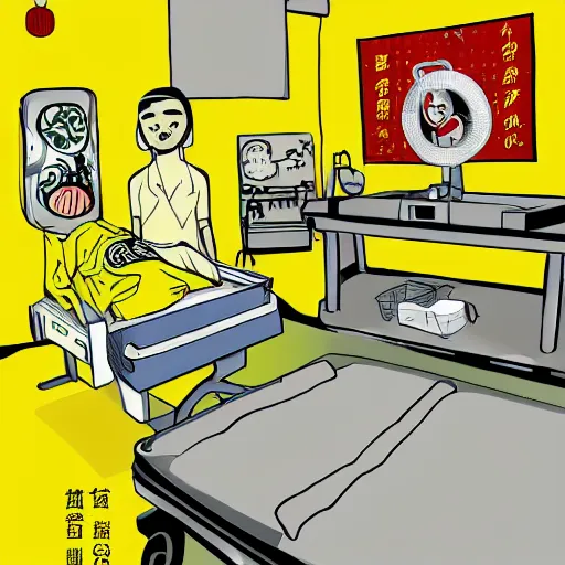 Image similar to chinese surgery operating table, in the style of daniel johnston and outsider art, 8k, line brush, minimal, overlaid with traditional chinese adverts